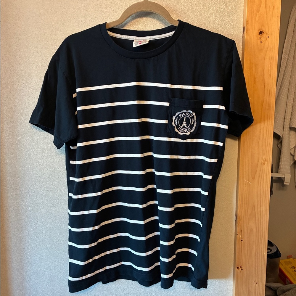 Paris Black and White Striped T-Shirt with Eiffel Tower Logo Parisian Sz L